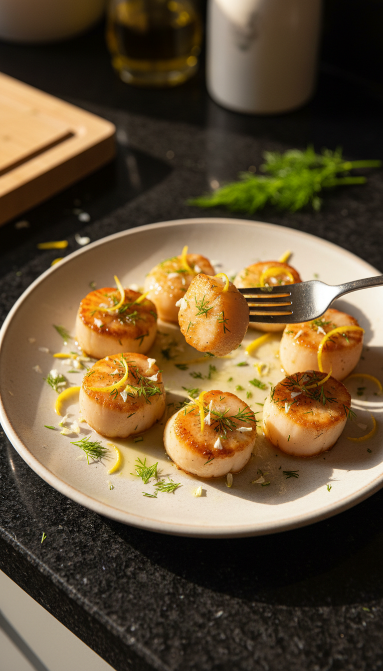 Zitronen Dill Jakobsmuscheln mit Blüten​