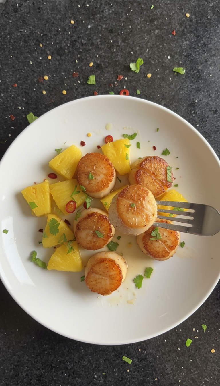 Karibische Gebratene Jakobsmuscheln mit Ananas