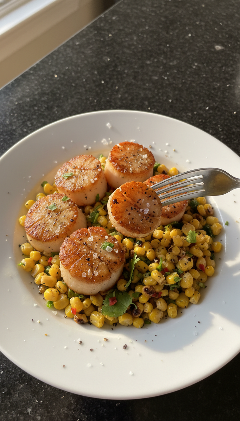 Gebratene Jakobsmuscheln mit Geröstetem Mais