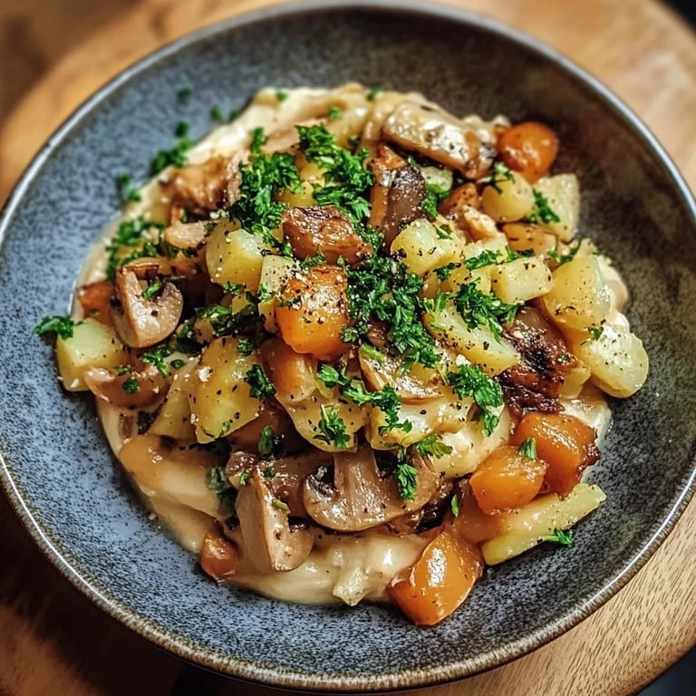 Pilzpfanne mit Rosenkohl & Kartoffelpüree