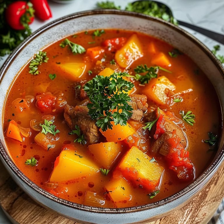 Gulaschsuppe mit Kartoffeln und Paprika